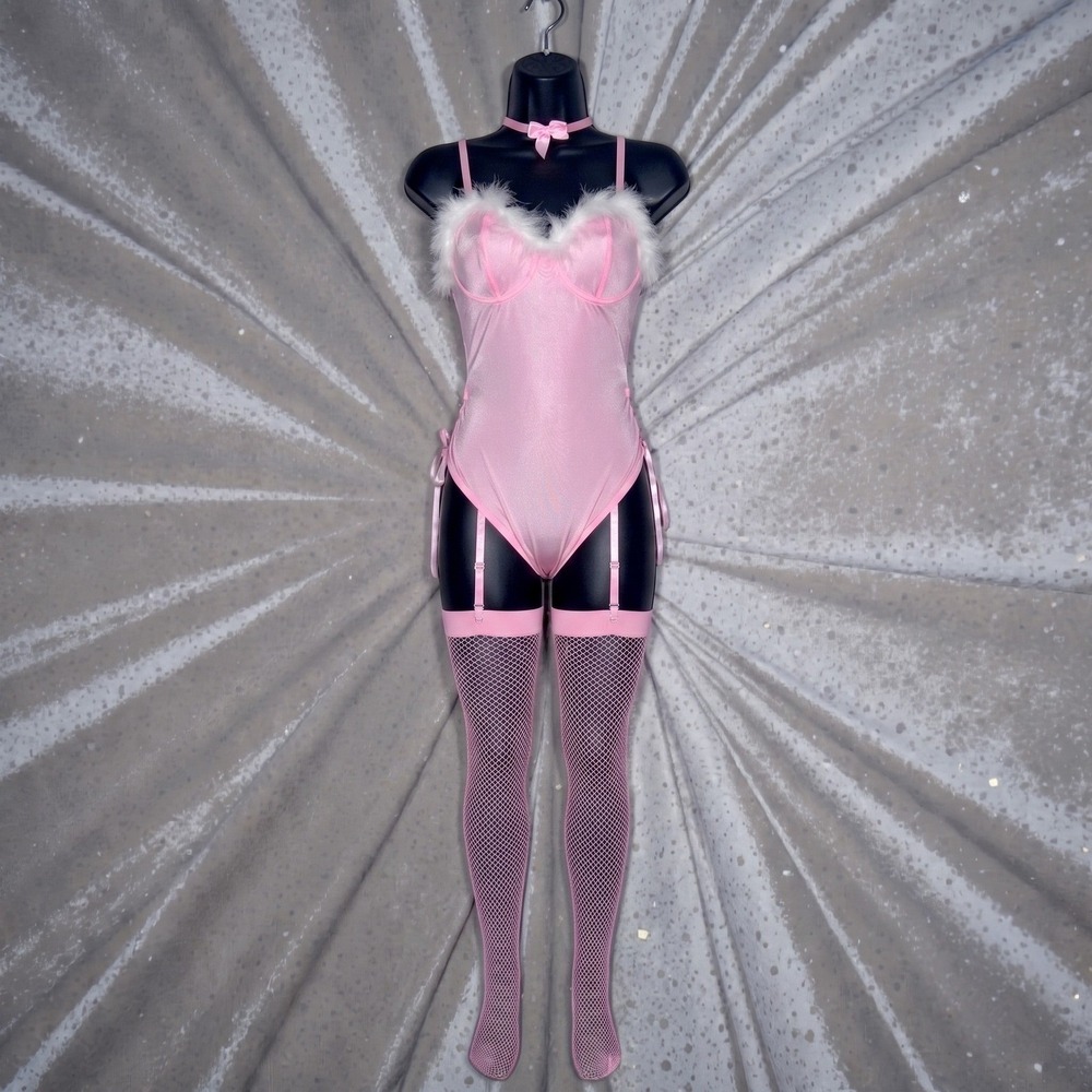New S Pink Bunny Lingerie Bodysuit Fur Trim Choker Garters Cosplay Costume
